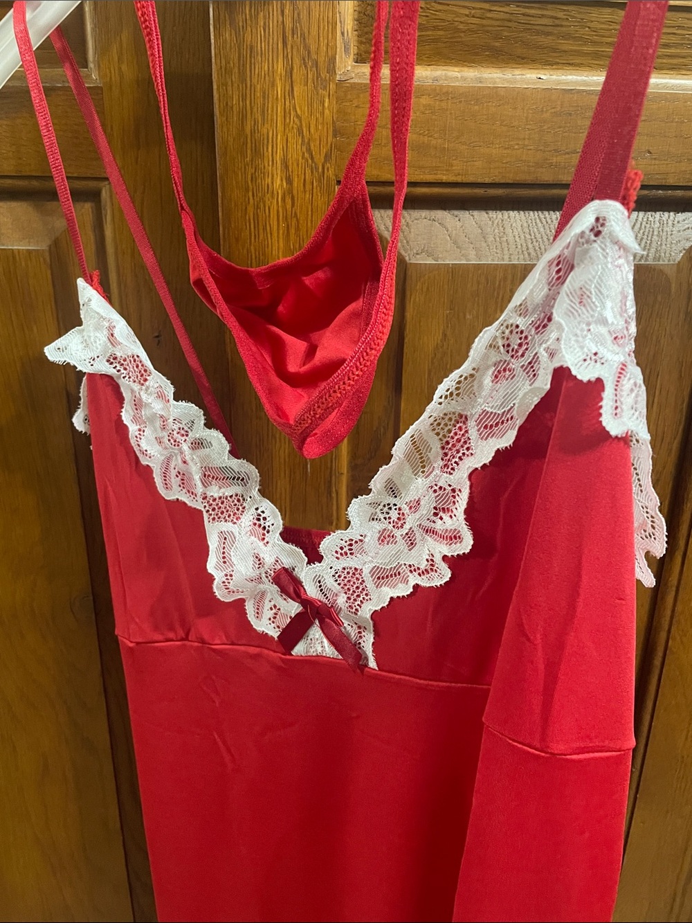 Red Lace-Trim Chemise Nightgown with Matching Thong Sz. L NWOT
